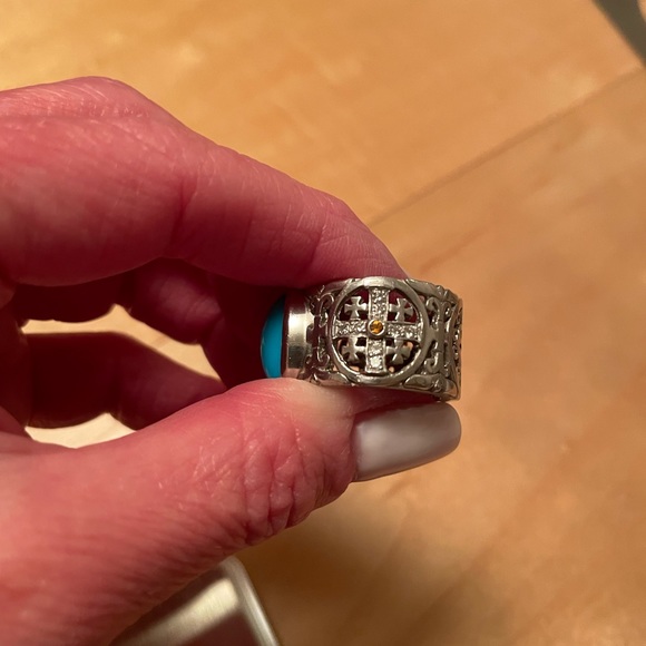 Stunning Vintage Loree Rodkin Turquoise, Platinum & Diamond Cigar Band Ring - Picture 4 of 6